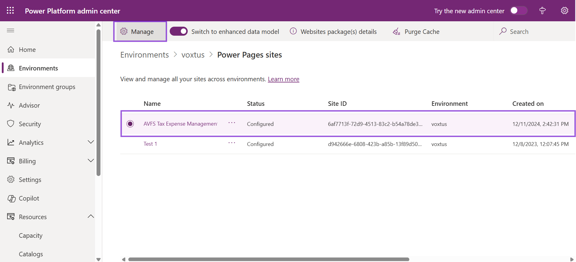Click Manage Click Manage